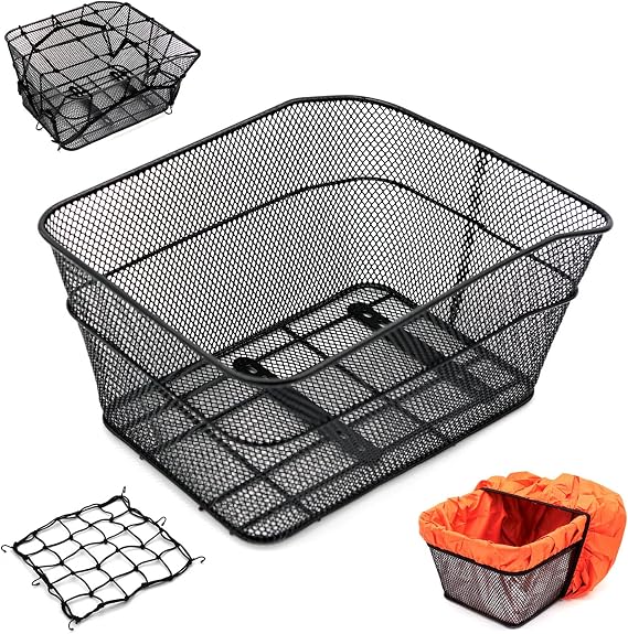Rear Bike Basket, Bike Basket Rear with 2 Rainproof Covers and Cargo Net, Metal Bike Basket Rear with Reflective Waterproof Cover and Bicycle Rear Basket Lining,WOOFOPT Bike Rack Basket
