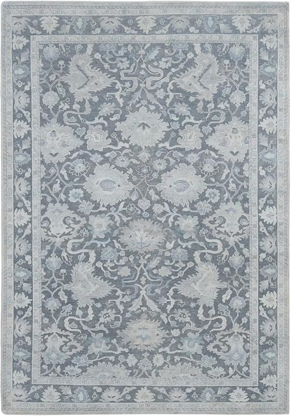 Battleship Gray Hand Knotted Oushak Influence Pure Silk and Textured Wool Oriental Rug (6'1"x8'9")