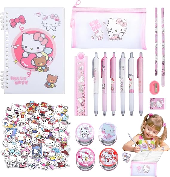 Cartoon School Supplies Stationery Girls- Kawaii Cute Stationary Set Including Pencil Case Pens Eraser Notebook Bookmarks Badge Stickers Keychain School Stationery Supplies School Christmas Kids Gift