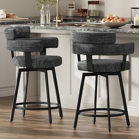 Counter Height Bar Stools with Full Back Swivel Counter Stools Set of 2 with Linen Padded Back, Metal Footrest, Modern Barstools for Kitchen Counter, Island, Dining Room, Black 24 inch
