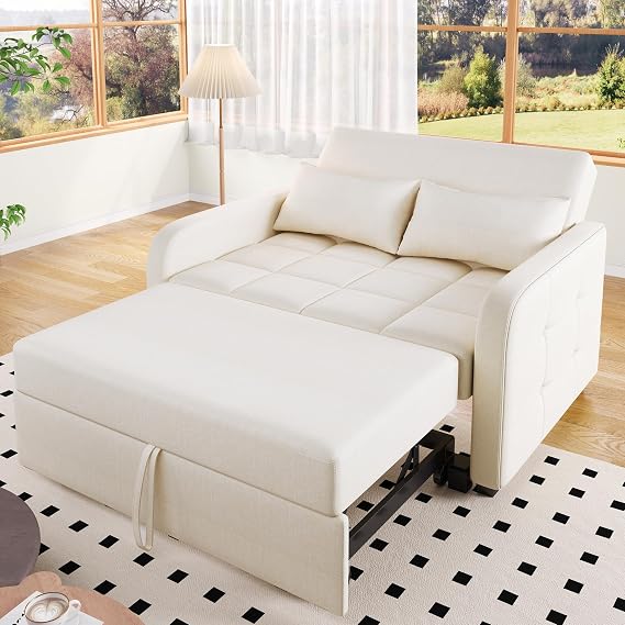 2 Seater Sofa Bed, Double Sofa Bed 180 x 127 cm, Foldable Convertible Sofa Bed with Adjustable Backrest, Linen Bed Settee for Living Room Guest Room, Off White