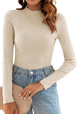 Poetsky Womens Fall Long Sleeve Tops Lightweight Turtleneck Sweater Ribbed Fitted Basic Shirts