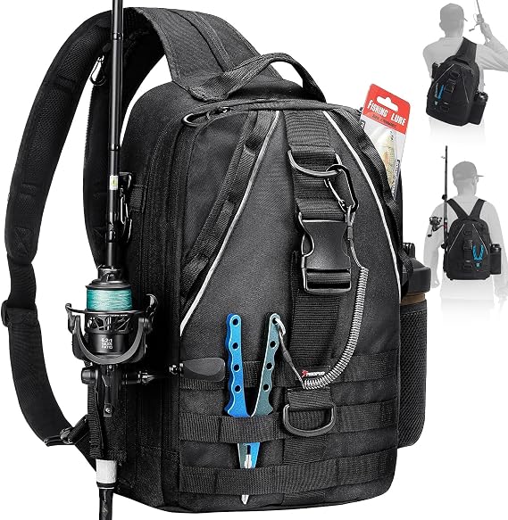 Piscifun Fishing Backpack, Rod Holders, Lightweight Sling Bag | Fits 2x3600 trays, bottle pocket, MOLLE loops, 4-way carry for short bank fishing trips