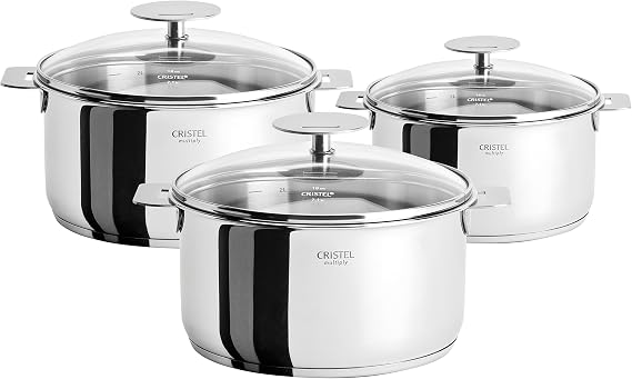 Cristel S3CQMPKP Sauce Pans with Domed Glass Lids, Set of 3, 2 quart/2.5 quart/3.5 quart, Silver