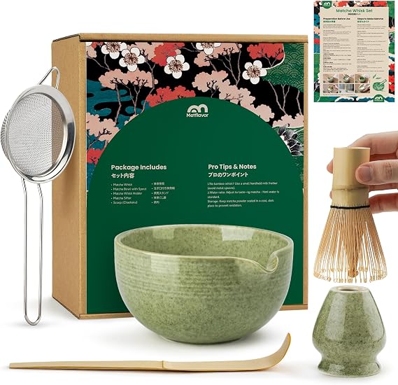 Matcha Whisk Set, Ceramic Bowl Matcha Kit & Handcrafted Bamboo Chasen, Complete 5 Pcs Matcha Set Whisk and Bowl, Stainless Steel Sifter, Bamboo Scoop & Holder for Matcha Lovers
