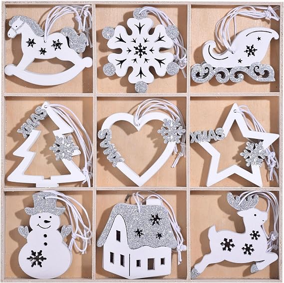 27Pcs Pieces Christmas Wooden Tree Decorations, White Silver Hanging Ornaments Set, Winter Holiday Party Snowflake Elk Snowman Decor Crafts for Xmas Wonderland Home Door Wall Window Box (White Silver)