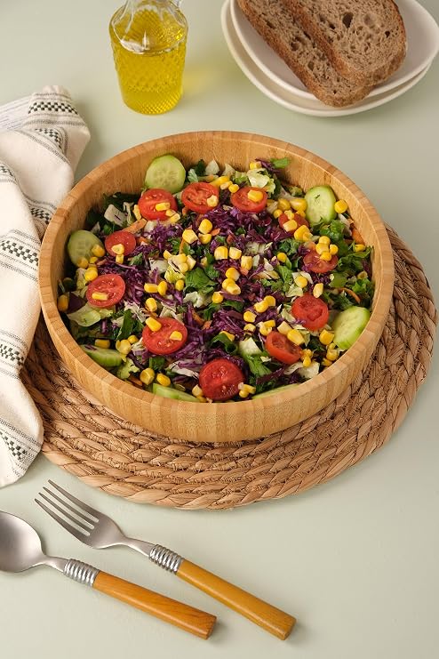 Mia - 24 cm Bambu İkeanatural Salata Kasesi, Sunum Kasesi, Dekoratif Kase, İskandinav Kase