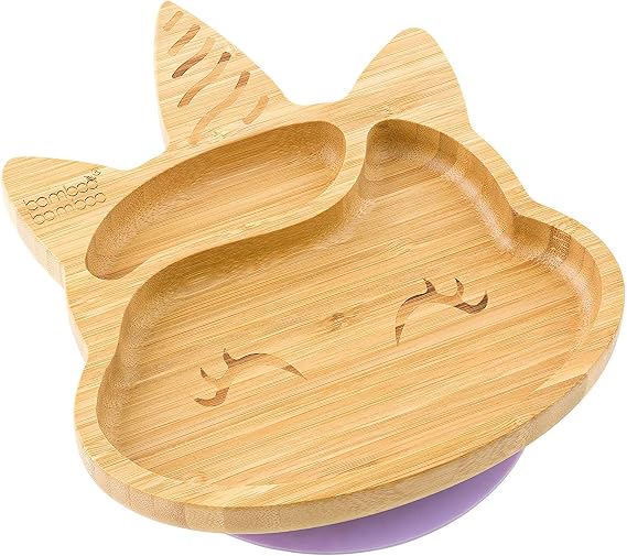 Bamboo Baby Plate with Suction - Kids and Toddler Suction Cup Plate for Babies, Non-toxic All-Natural Bamboo Baby Food Plate Stays Cool to the Touch for Baby-Led Weaning (Unicorn)