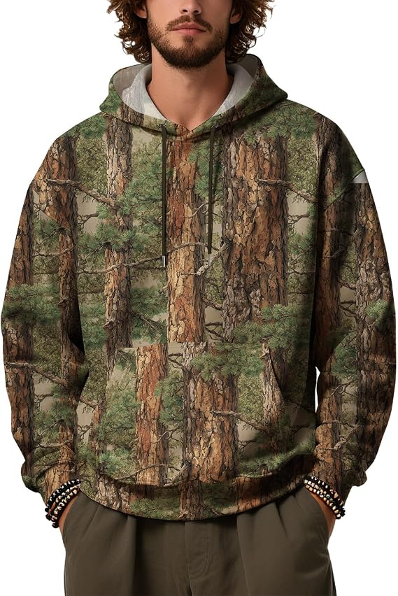 Casual Drawstring Comfy Hooded for Men Retro Tree Nature Printed Shirts Maple Leaf Graphic Vintage Thermal Top