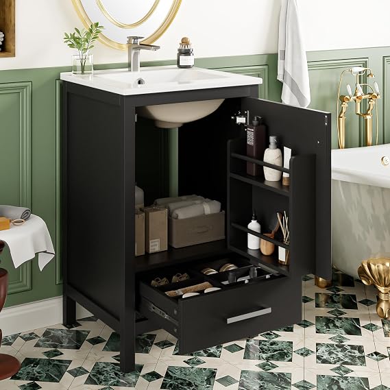 Mirightone 20" Vanity with Sink, Bathroom Vanities 20 Inch with Sink, Single Sink Bathroom Vanity, Small Bathroom Vanity with Top, Double-Layer Door Organizer, Divider Drawer (Black)