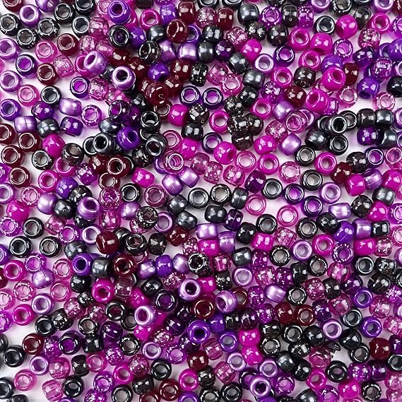 BlackBerry Mix Plastic Pony Beads, Made in the USA, 6 x 9mm, 700 Beads, Black Purple Magenta Bulk Large Hole Beads for Jewelry Making, Banners, Concert Festival Bracelets, Necklaces, Art & Fashion