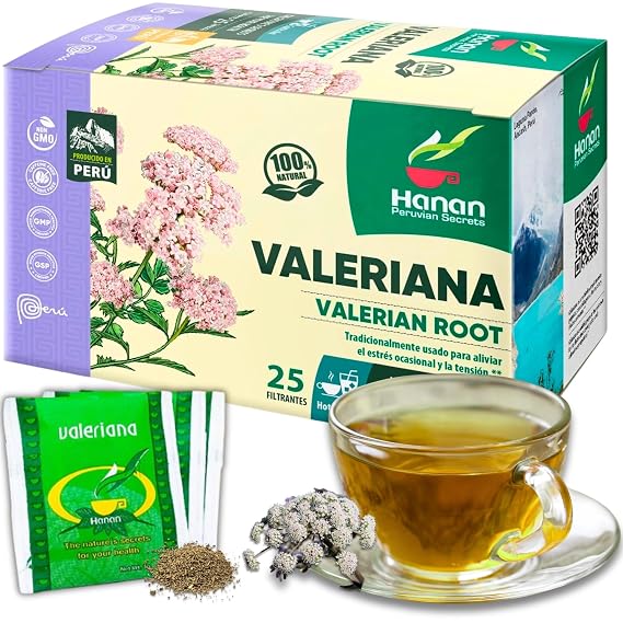 Hanan Valerian Root Tea (Valeriana) - 25 Herbal Tea Bags from Peru Natures Calming Supplement for Relaxation Before Bed 1000mg Valeerian Valerain per Filtered Teabag