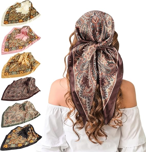 Meng Jiaran 6 Pack Large Square Satin Head Hair Scarf for Women Like Silk, 35" Hair Silk Bandana Satin,Headscarf Squares Hair Towel Tie Scarf