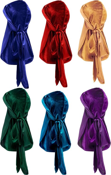 Tatuo 6 Pack Velvet Durag for Men Women Wave Cap with Long Tail | 41 Inch Extra Long Tail, 360/540/720 Waves, Suede, Du Rags Men Velvet, Headscarves, Sleep Caps, Daily Decorative Pieces