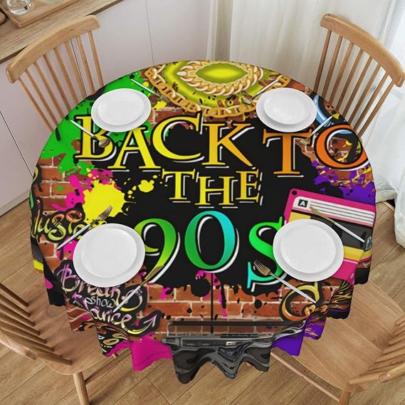Retro Fashion 80s 90s Tablecloth 60 Inch Round Reusable & Washable Table Cover for Party Picnic Dinner Decor