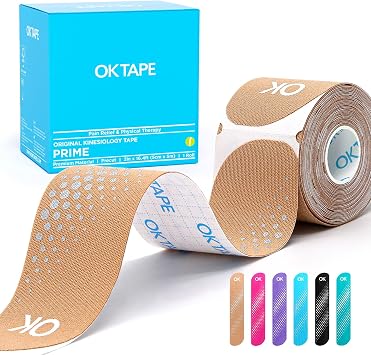 OK TAPE Synthetic Kinesiology Tape Precut Strips, Waterproof Kinesiology Athletic Tape for Joint & Muscle Support, Reflective and Durable Tape, 2in16.4ft Roll 20PCS | Beige