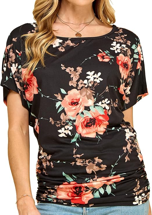 Women's Casual Solid Short Sleeve Boat Neck/V Neck Dolman Top T Shirt with Side Shirring