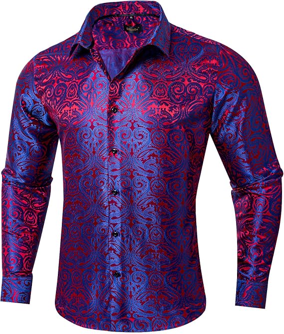 DiBanGu Silk Mens Dress Shirts,Woven Paisley Long Sleeve Button Down Shirt for Men Casual Regular Fit Shirts Wedding Party,Solid Royal Blue & Hot Pink Paisley, X-Large