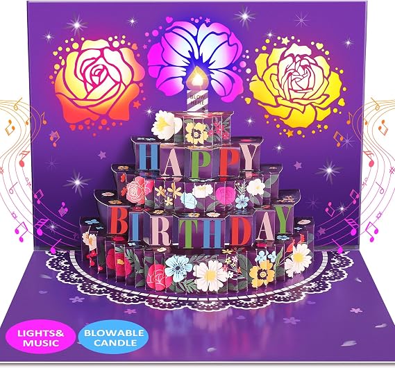FITMITE Birthday Cards, LIGHTS & SOUND Pop up Happy Birthday Card Birthday Gifts for Women Men Husband Wife Kids Greeting Cards With Envelopes, Purple