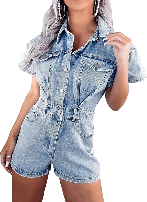 cffvdiz Women's Distressed Button Front Denim Rompers Short Sleeve Flap Pocket Vintage Slim Fit Blue Jean Jumpsuit Shorts