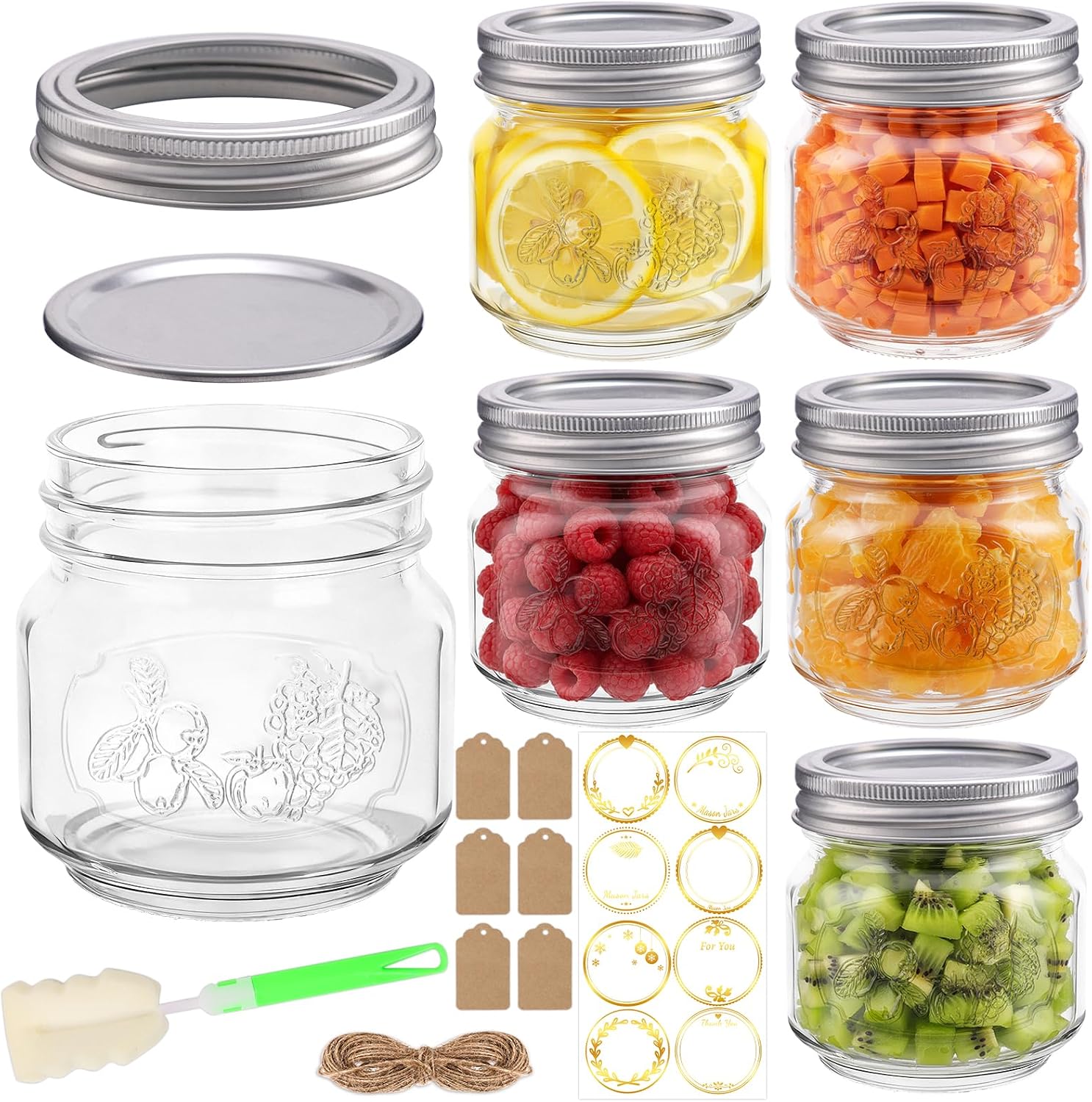 240ml Glass Mason Jars, 6-Pack – Embossed Fruit Pattern, Airtight Lids | Mini Jam Jars & Preserving Jars Set with Labels & Twine, for Jam, Honey, DIY Crafts & Wedding Favours