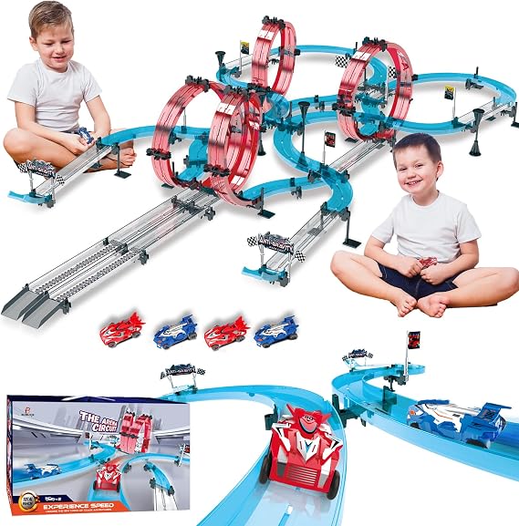 Toy Car Race Track Set Dual-Track Racing for 2 Players with 4 High-Speed Slot Die-Cast Race Cars, 360Loops, Turns and Crossover Racing Game Circular Overpass Track Gifts for Boys Kids Age 6 7 8-12
