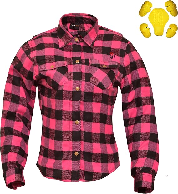 RIDERACT Womens Motorcycle Flannel Shirt with CE Armor, Aramid Reinforced Protective Riding Jacket, Armored Shirt