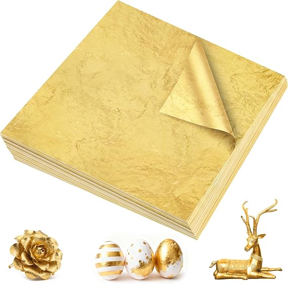 300Pcs Gold Leaf Sheets, 5.1"x5.1" Imitation Transfer Gold Leaf Sheets for Art, No Edible Glitter Gold Flakes Foil Paper Sheets for Nail Painting Jewelry Furniture Renovation & Gilding DIY Crafts