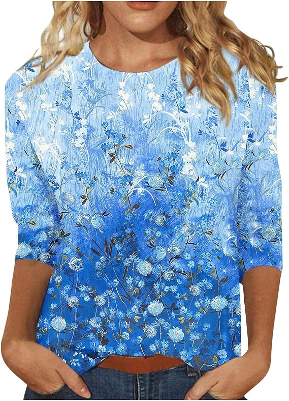 FONMA 3/4 Sleeve Tops for Women Casual Solid/Floral Printed Crewneck T Shirt Loose Fit Three Quarter Length Tunic Top Blouse
