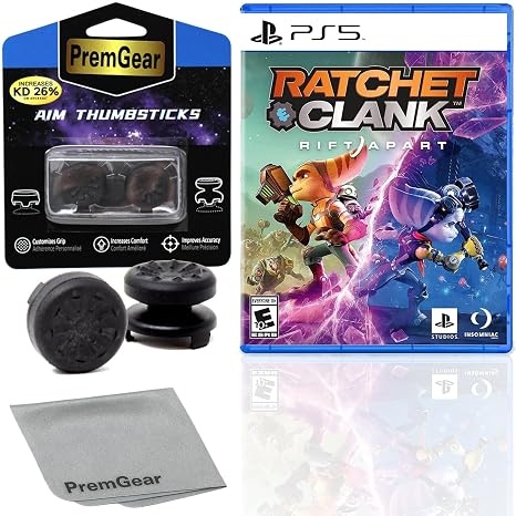Ratchet & Clank: Rift Apart for PlayStation 5 (US Version), with PremGear ThumbSticks (2 pack: 1 High-Rise, 1 Mid-Rise) & Cleaning Cloth