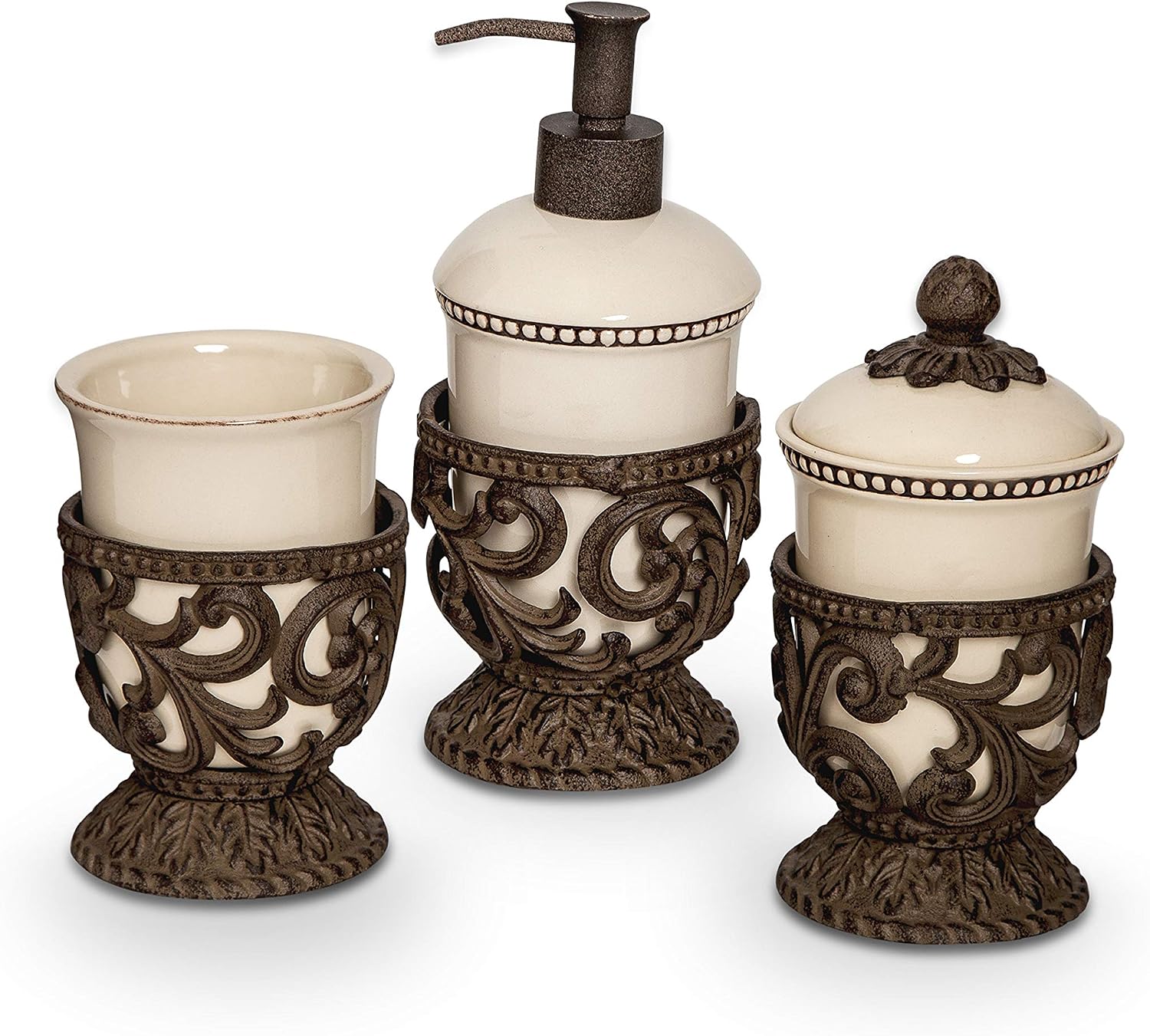 Cream Ceramic Three-Piece Vanity Set with Acanthus Leaf Metal Bases