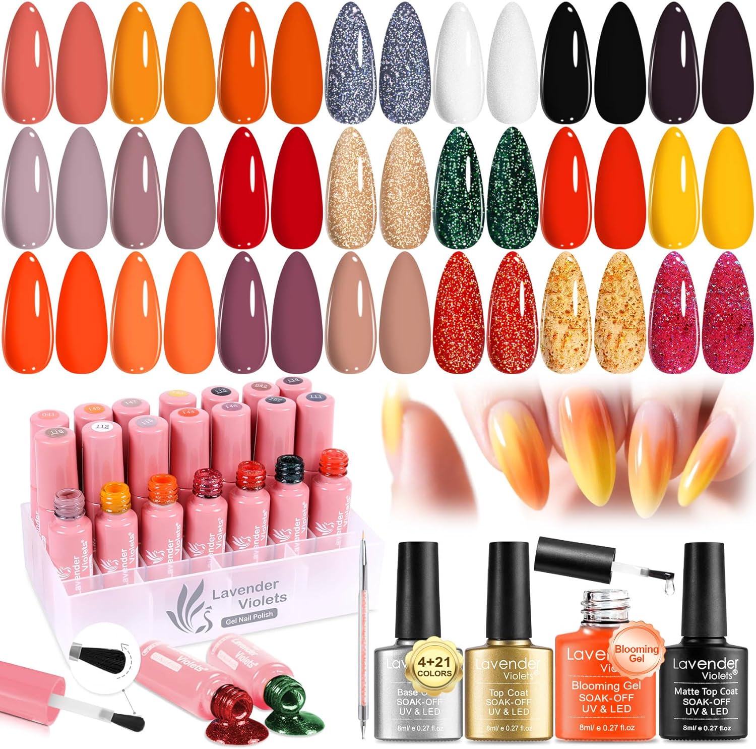 Blooming Gel Nail Polish 25 Pcs Marble Effects with Flower Watercolor Solid Glitter Red Brown Green Black,Base Coat Glossy & Matte Top Coat Liner Brush Pen Nail Design C406