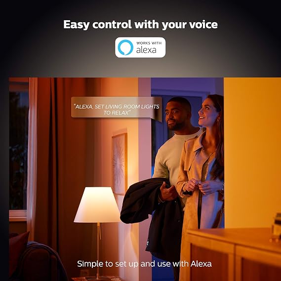Philips Hue White 4-Pack A19 LED Smart Bulb, Bluetooth & Zigbee compatible (Hue Hub Optional), voice activated with Alexa & Google Assistant