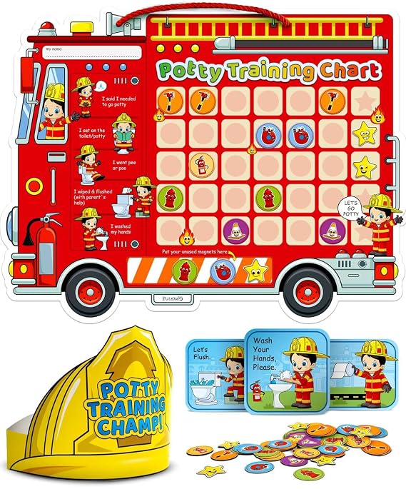 Potty Training Chart with 35 Stickers, 3 Reminder Stickers and Crown for Toddlers Boys and Girls - Potty Training Rewards for Kids - Fireman