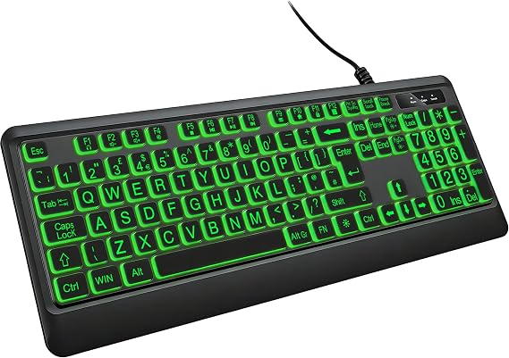 Large Print Backlit Computer Keyboard - 7 Interchangeable Backlight Colors, USB Wired UK Full Size Keyboard with Num Pad, £ Key & Adjustable Feet for Business, Office, Home & Windows PC (QWERTY)