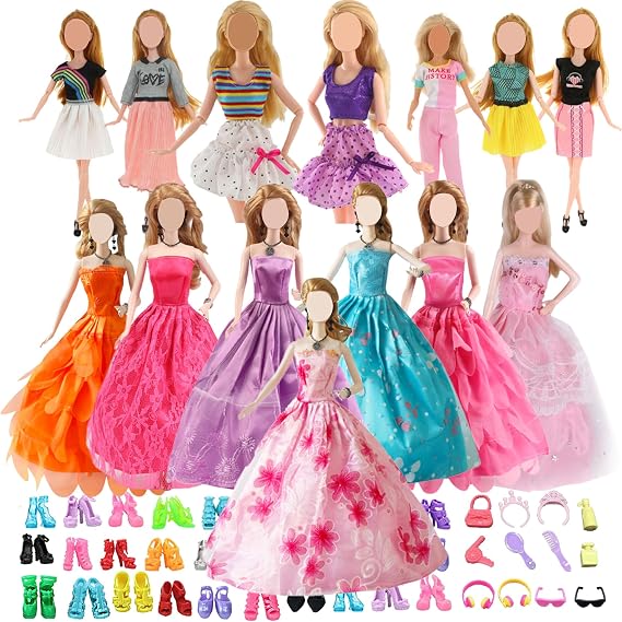 Doll Clothes and Accessories for 11.5 inch Dolls, Doll Clothes Including 6 Wedding Dresses 3 Fashion Dresses 1 Top Pant 1 Glass 1 Earphone 8 Toilet Suit 10 Shoes for Christmas Holiday Randomly Style