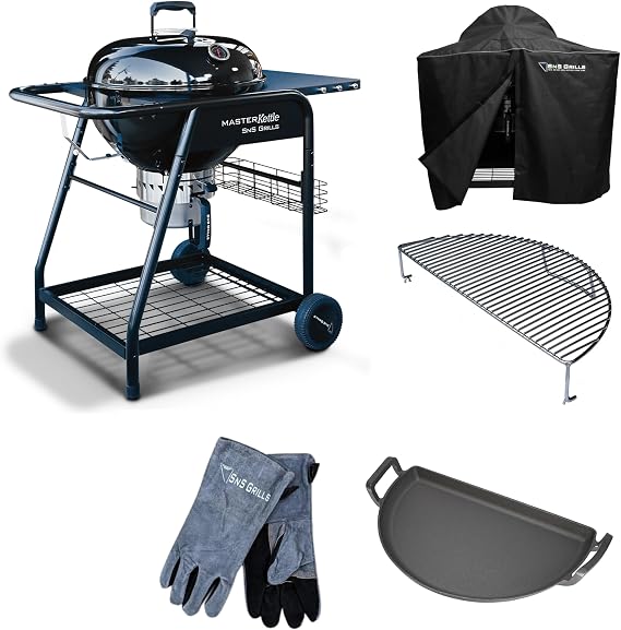 SnS Grills Platinum Grill Bundle - MasterKettle Charcoal Grill, Master Kettle Cover, Elevated Cooking Grate, Cast Iron Drip 'N Griddle Pan and High Heat BBQ Gloves - Kettle Charcoal Grill Gift