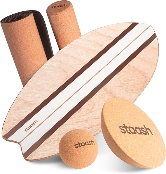 STAASH® Balance Board Trainer for Surf & Fitness – Wooden Core Strength Wobble Board | Complete Kit with Roller & 360° Cushion + FREE Online Training Access