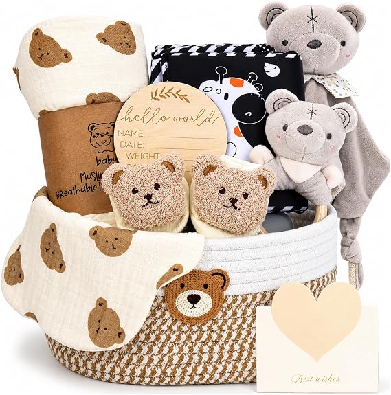 Newborn Baby Gift Basket - Baby Hamper Set with Cotton Rope Basket, Fabric Book, Comforter & Swaddle Blanket, Socks, Rattle, Bib, Milestone Cards - Unisex Baby Shower Gifts for Boy, Girl, New Mum