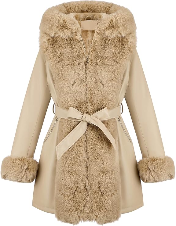 RISISSIDA Women Fur Lined Faux Leather Jacket Winter Coat