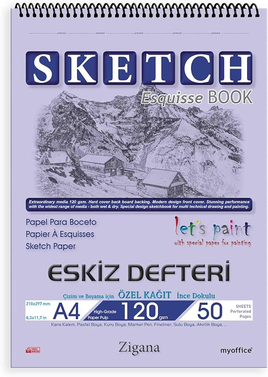 Zigana A4 Spiralli Eskiz Defteri – 50 Yaprak, 120 gr Çizim Bloknotu, Sanat Defteri