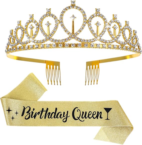 Pack of 2 Birthday Sashes and Tiara Birthday Queen Sash Birthday Decoration Shiny Birthday Crown Happy Birthday Girl for Birthday Decoration Gift and Women Party Accessories