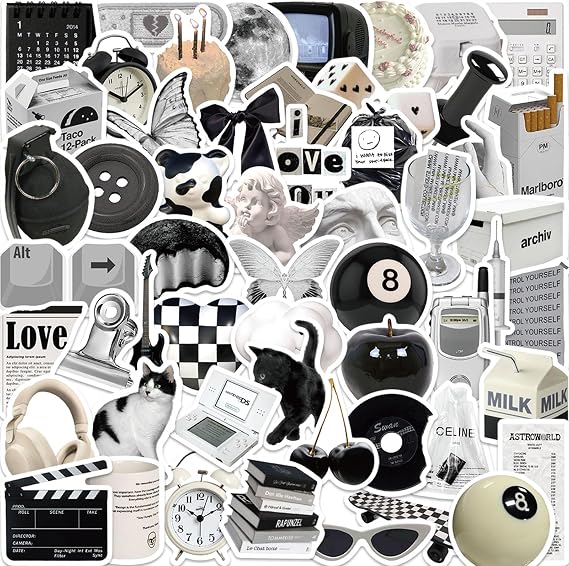Cute Aesthetic Stickers Y2k Aesthetic Stickers Pack(B&W) | Waterproof Vinyl Sticker for Teens Adults, Suitable for Kindle Laptop Scrapbook Journal Skateboard