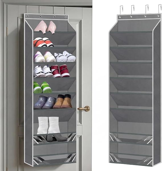 Over the Door Shoe Rack Organizer fit 16-20 Pairs, Hanging Shoe Organizer Storage Dustproof Over the Door Shoe Organizer with Stable Sticker Pad for Closet Door Hanging Boots Storage