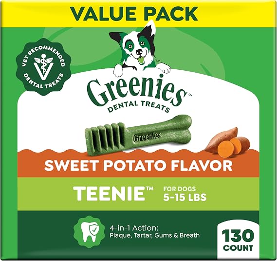 Greenies Teenie Natural Dental Dog Treats, Sweet Potato, 130 Count | Veterinarian-recommended, cleaner teeth after 28 days, freshens breath, for dogs 5-15 lbs, 36 oz. Pack