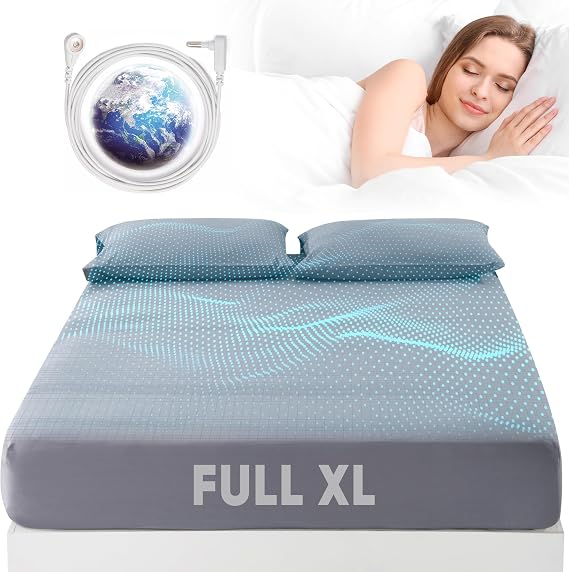 Grounding Sheets Full XL Size, 95% Organic Cotton + 5% Pure Silver Fiber, Grounded Sheet Earth Connected Bedding (Full XL - 54"x 80"x 13" Gray) Fitted Earth Sheets with Grounding Cord