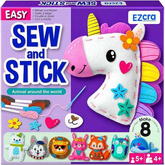 EZCRA Unicorn Sewing Kit for Kids Ages 4-8 - 8 Beginner Projects | DIY Sewing Craft Kit for Girls. 8 Beginner Learn to Sew Projects. No Mess Gift. Full Instructions and Felt Stickers included.