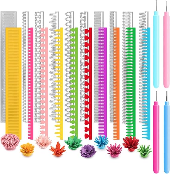10Pcs/Set 3D Rollded Flowers with 4 Paper Quilling Tools,Flower Petal Quilling Strips Card Making DIY Scrapbooking Embossing Stencil Die Cuts Punch Template for Paper Crafting Handmade Crafts