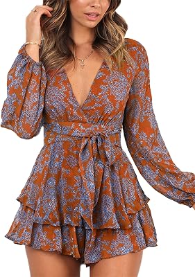 Relipop Womens Floral Print Romper V Neck Long Sleeve Double Layer Ruffle Hem Shorts Jumpsuit 2026 Beach Vacation Outfits