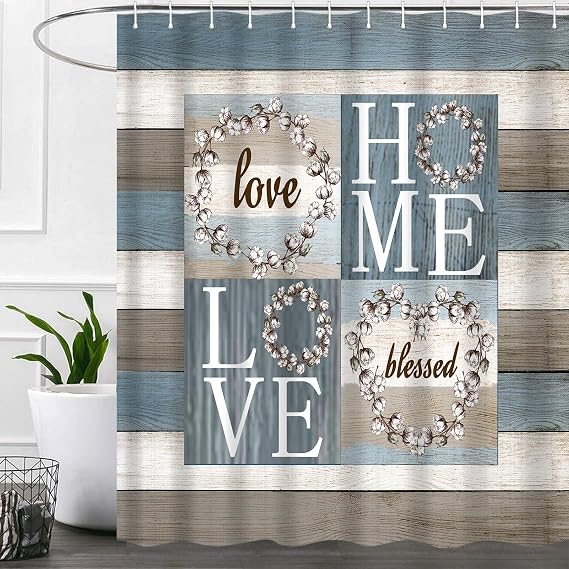 iTapnoom Rustic Floral Flower Sweet Love Home Fabric Shower Curtain, Farmhouse Country Vintage Wood Plank Cotton Shower Curtains for Bathroom Decor, Waterproof Polyester Durable with 12 Hooks,72x72